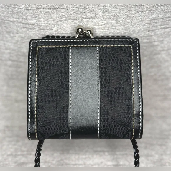 Coach Black Leather Signature Mini Wallet w/ Kisslock & Bi-Fold Snap Closure - Picture 3 of 15